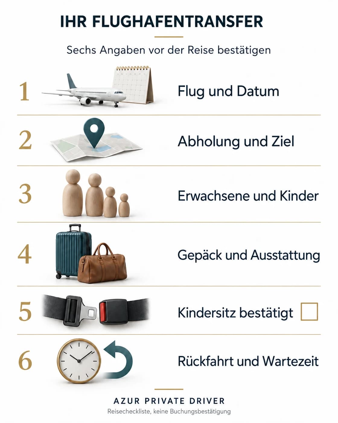 Flughafentransfer-Checkliste mit Flug, Adressen, Personen, Gepäck, Kindersitz und Rückfahrt