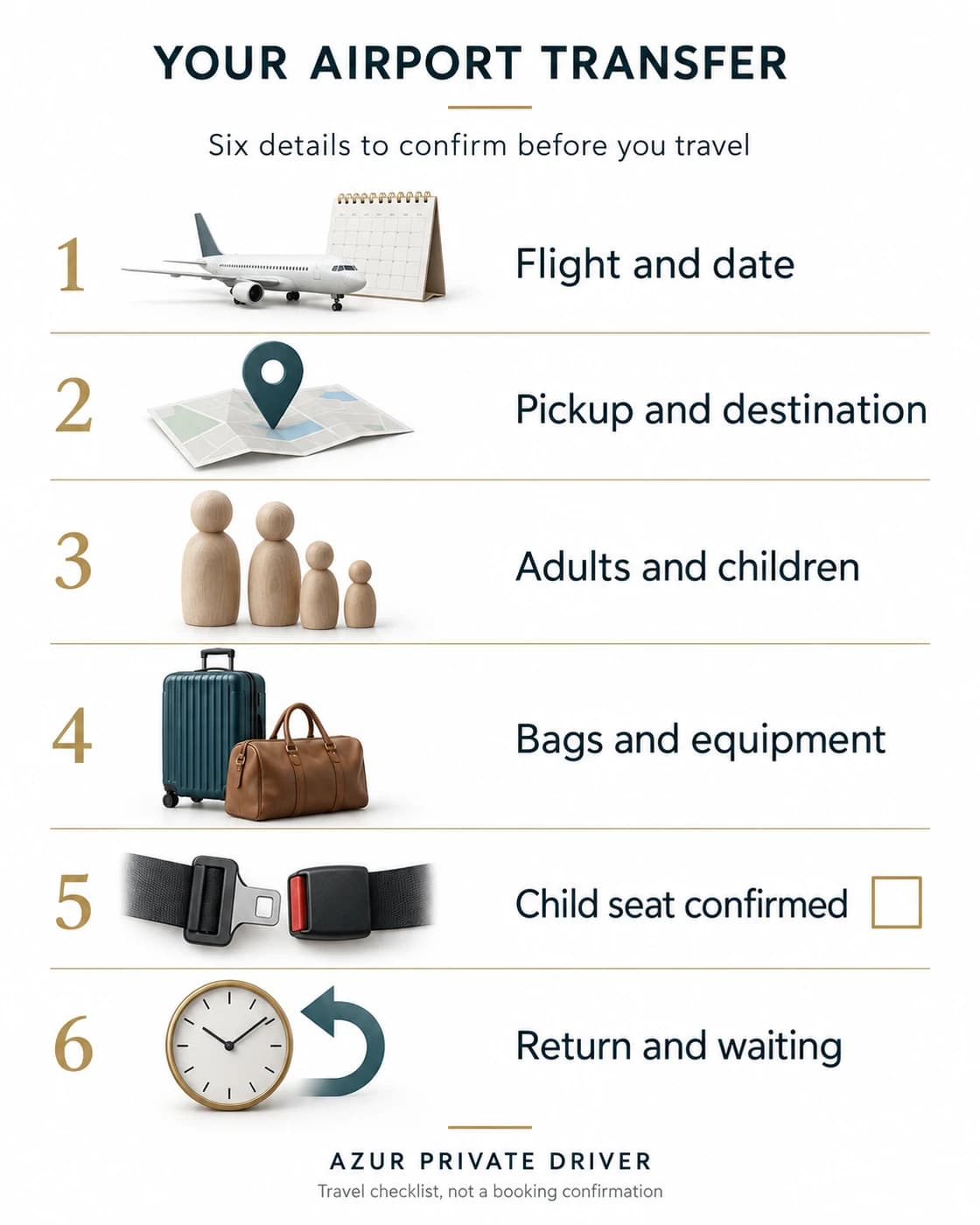 Airport transfer checklist: flight, addresses, passengers, luggage, child seat and return