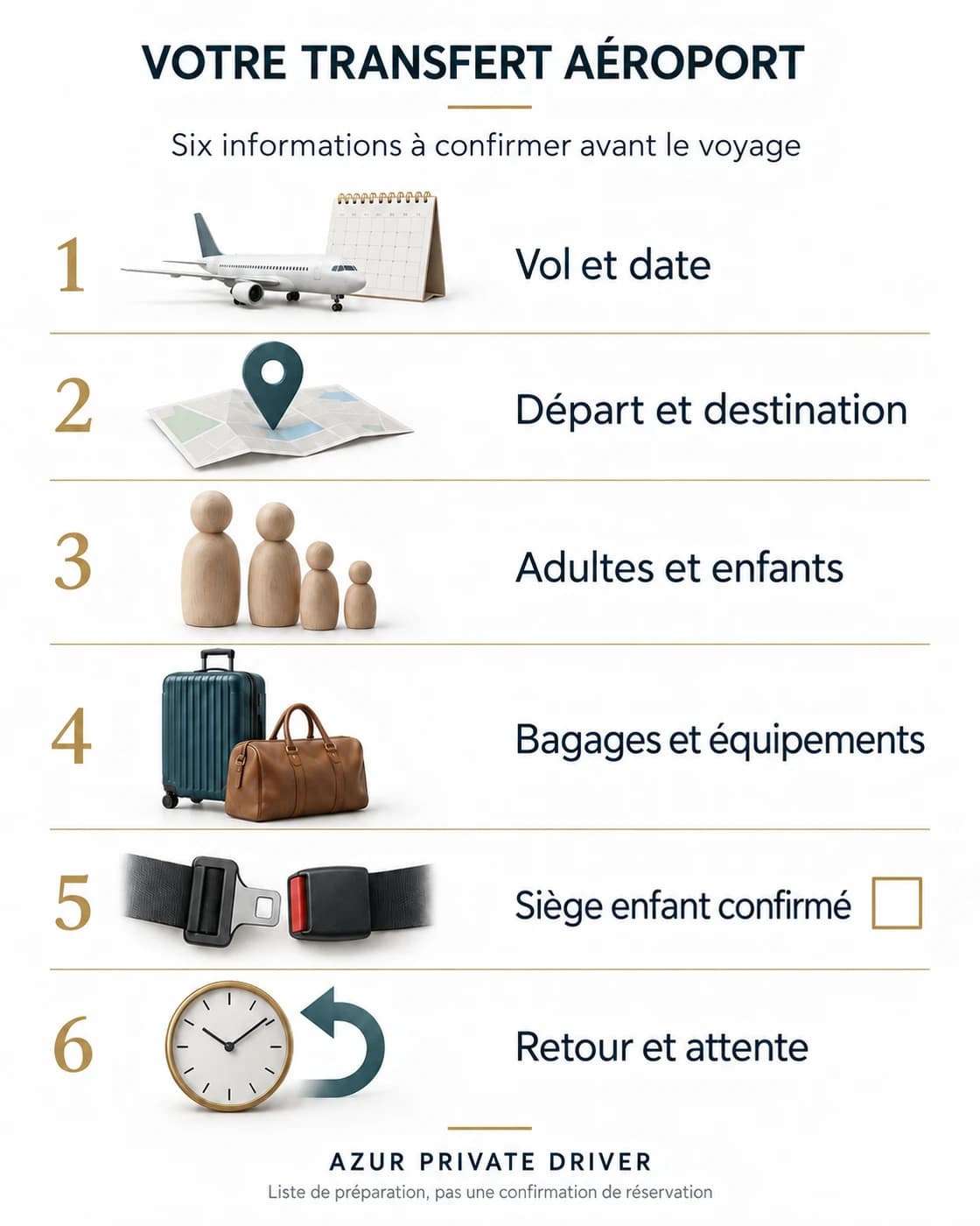 Checklist transfert aéroport : vol, adresses, voyageurs, bagages, siège enfant et retour
